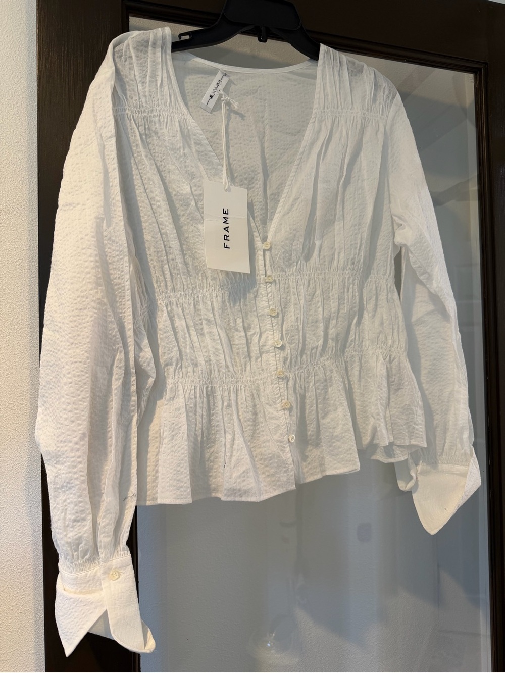 Frame White touched v neck Button blouse, large